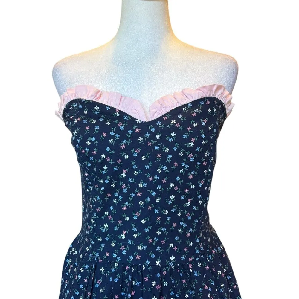 Blue Ditsy Floral Midi Dress Sweetheart Neckline Ruffle Trim Prairie Size Small - Image 5