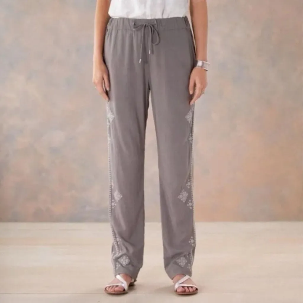 Sundance Tone It Up Embroidered Pull On Pants Taupe Medium Boho Resort Coastal Brown - Image 2