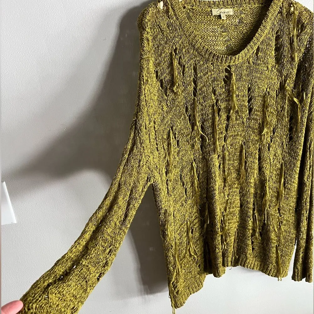 Cecico Chartreuse Distressed Fringe Knit Sweater Slouchy Grunge Boho S - Image 3