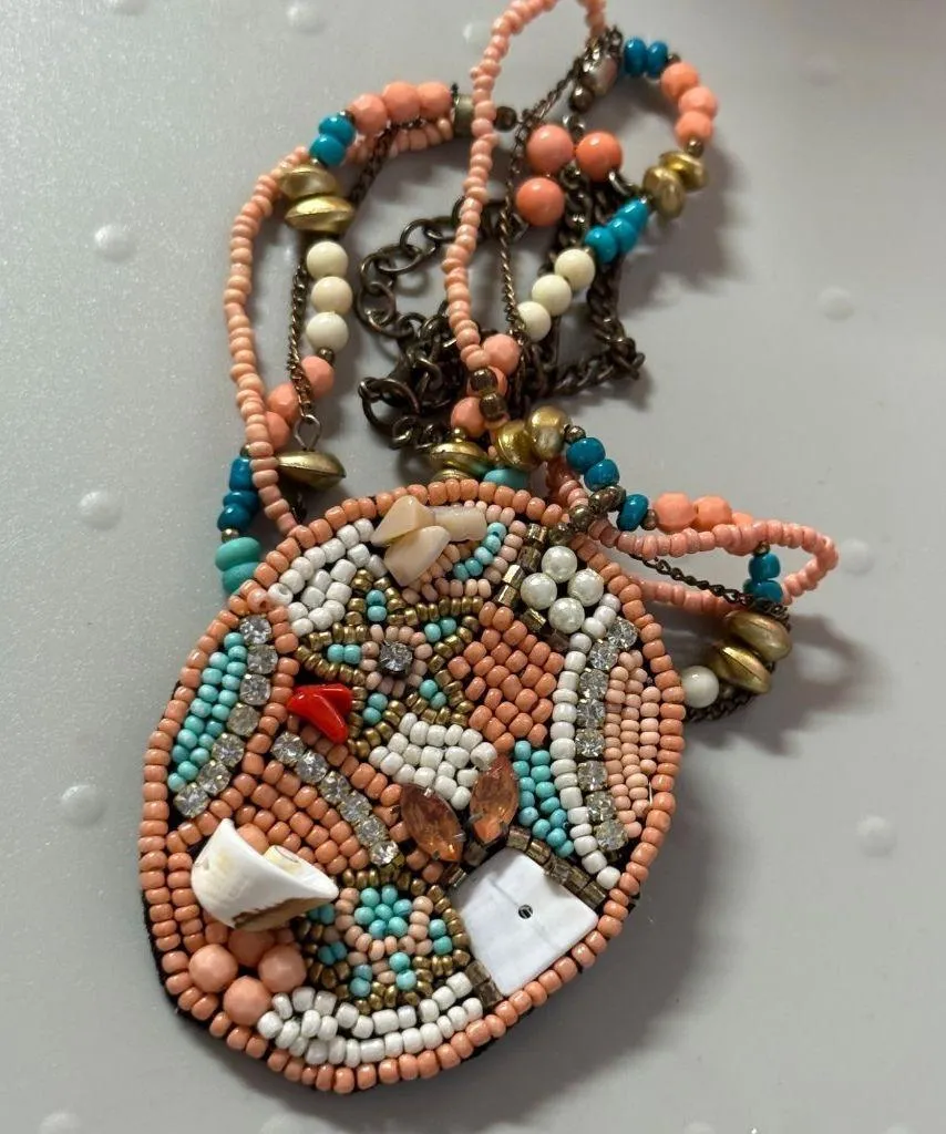 Beaded Multicolor Pendant Necklace Coral Turquoise Gold Colors Shell Accents - Image 15