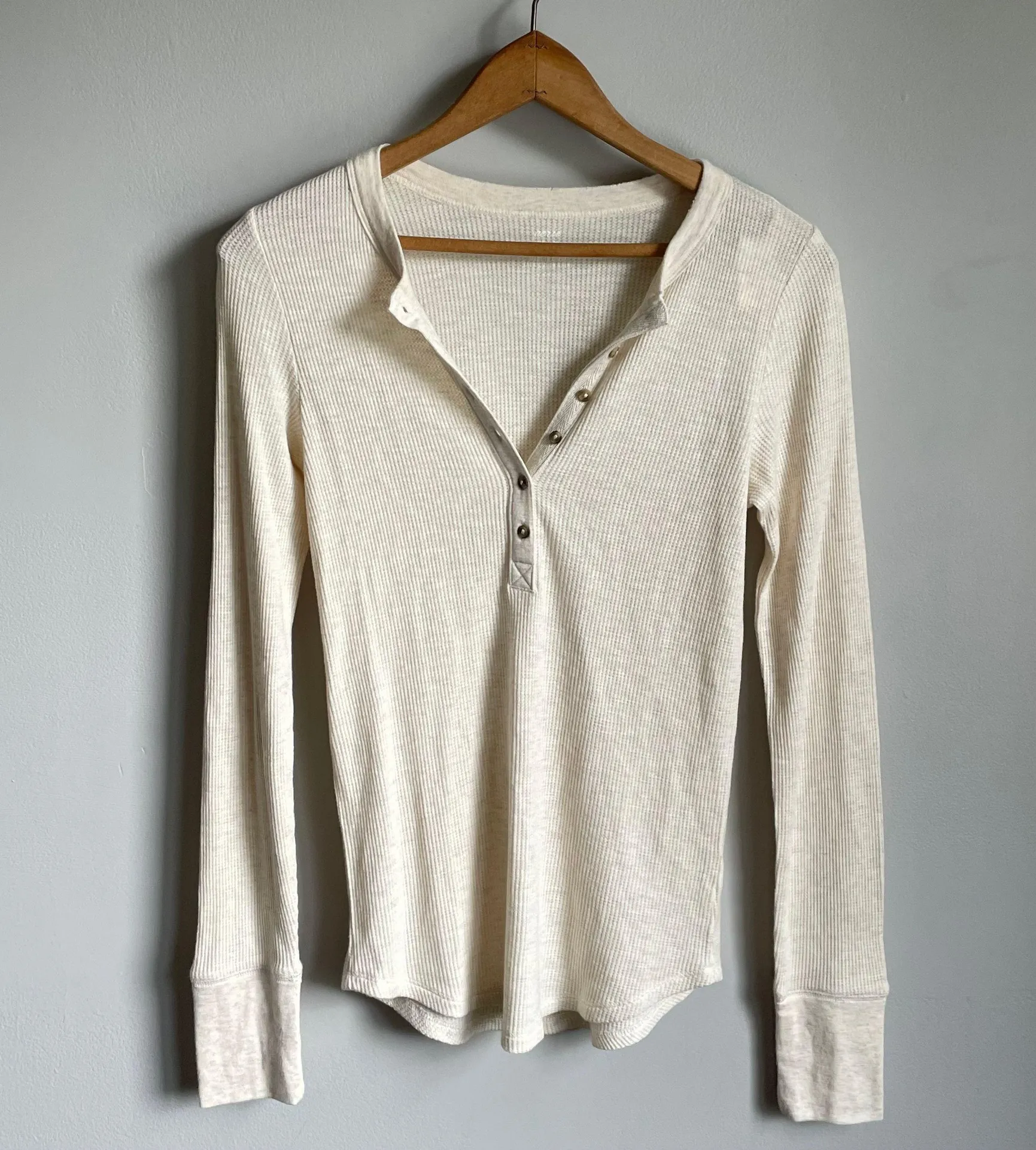 Aerie Waffle Knit Half Button Up Cream Long Sleeve - Image 2