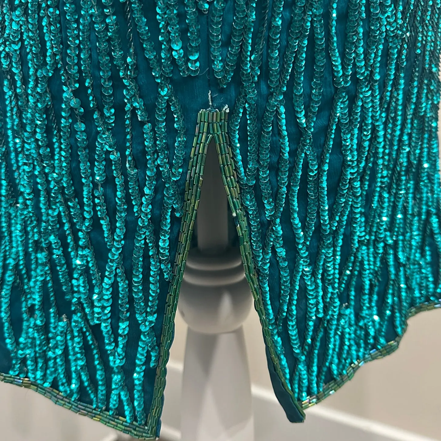 VTG 80s Laurence Kazar Teal Blue Silk Beaded Sequin Dress Art Deco Retro Glam XS - Image 12