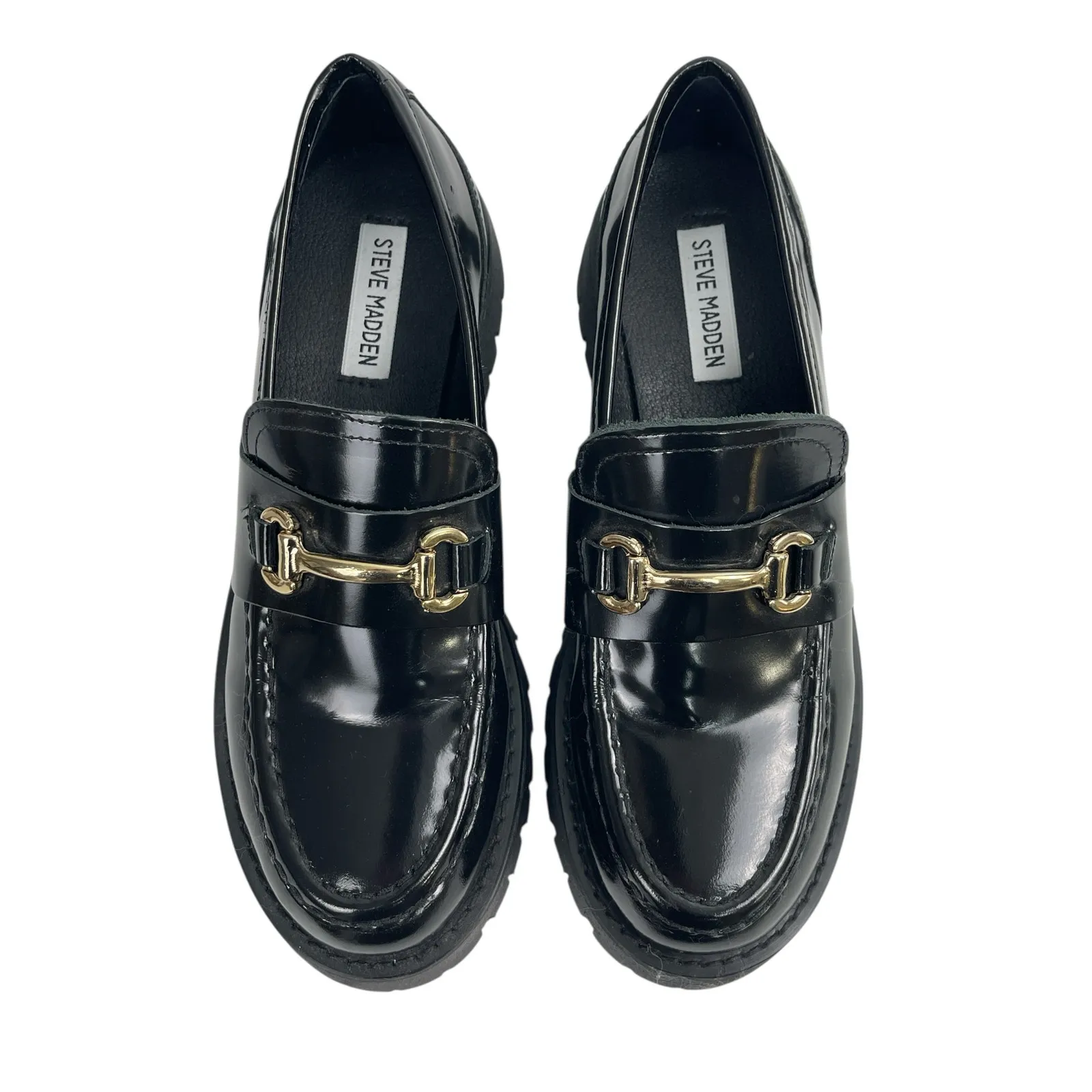 NEW Steve Madden Lando Black Leather Round Toe Slip On Platform Loafers Shoes 8M - Image 2