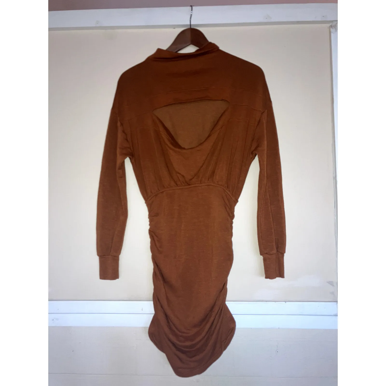 Anthropologie DAILY PRACTICE Cozy Ruched Dress Long Sleeve Mini Size Small S Tan - Image 4