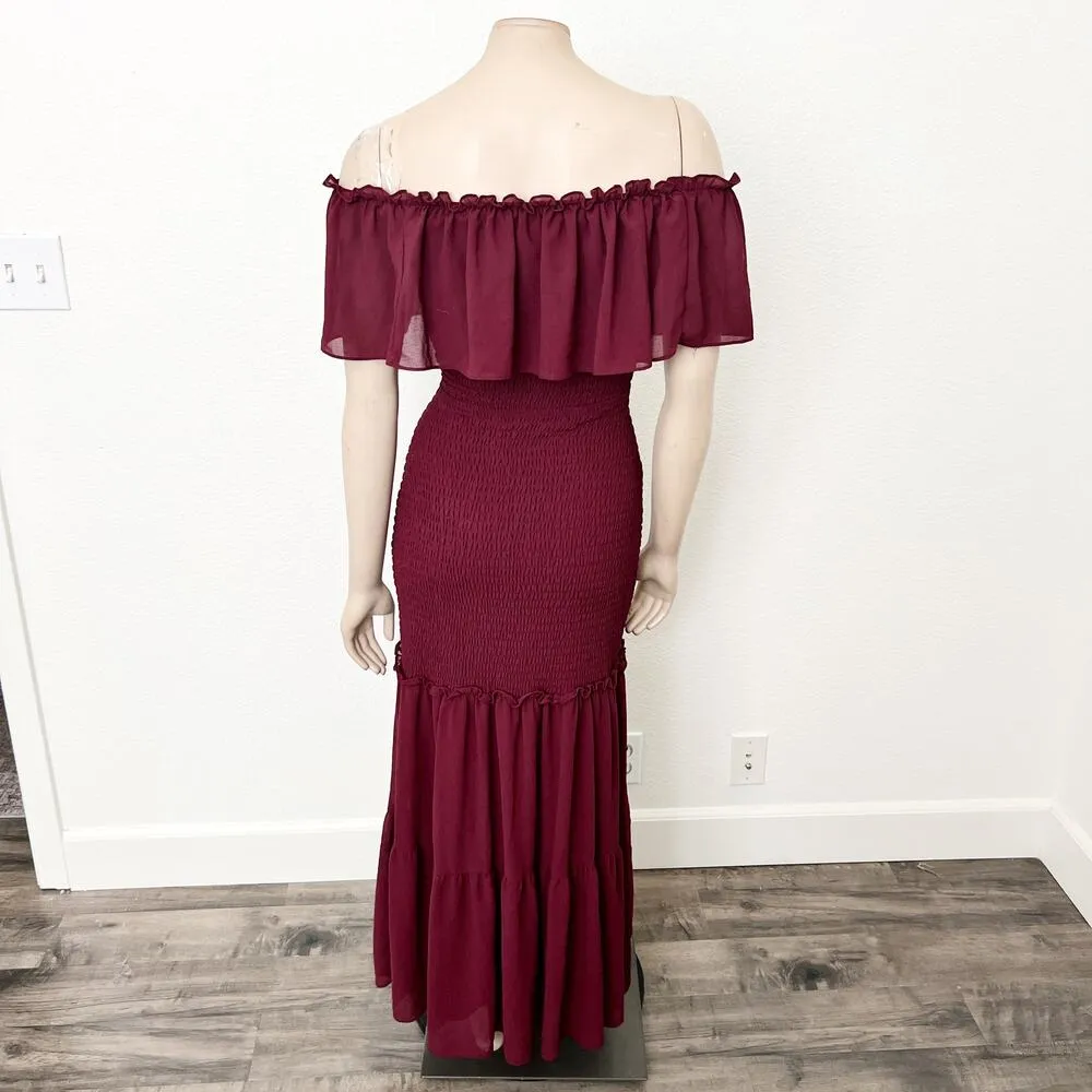 [Baltic Born] Maroon Amalfi Smocked Off The Shoulder Ruffle Maxi Dress Sz Medium - Image 3