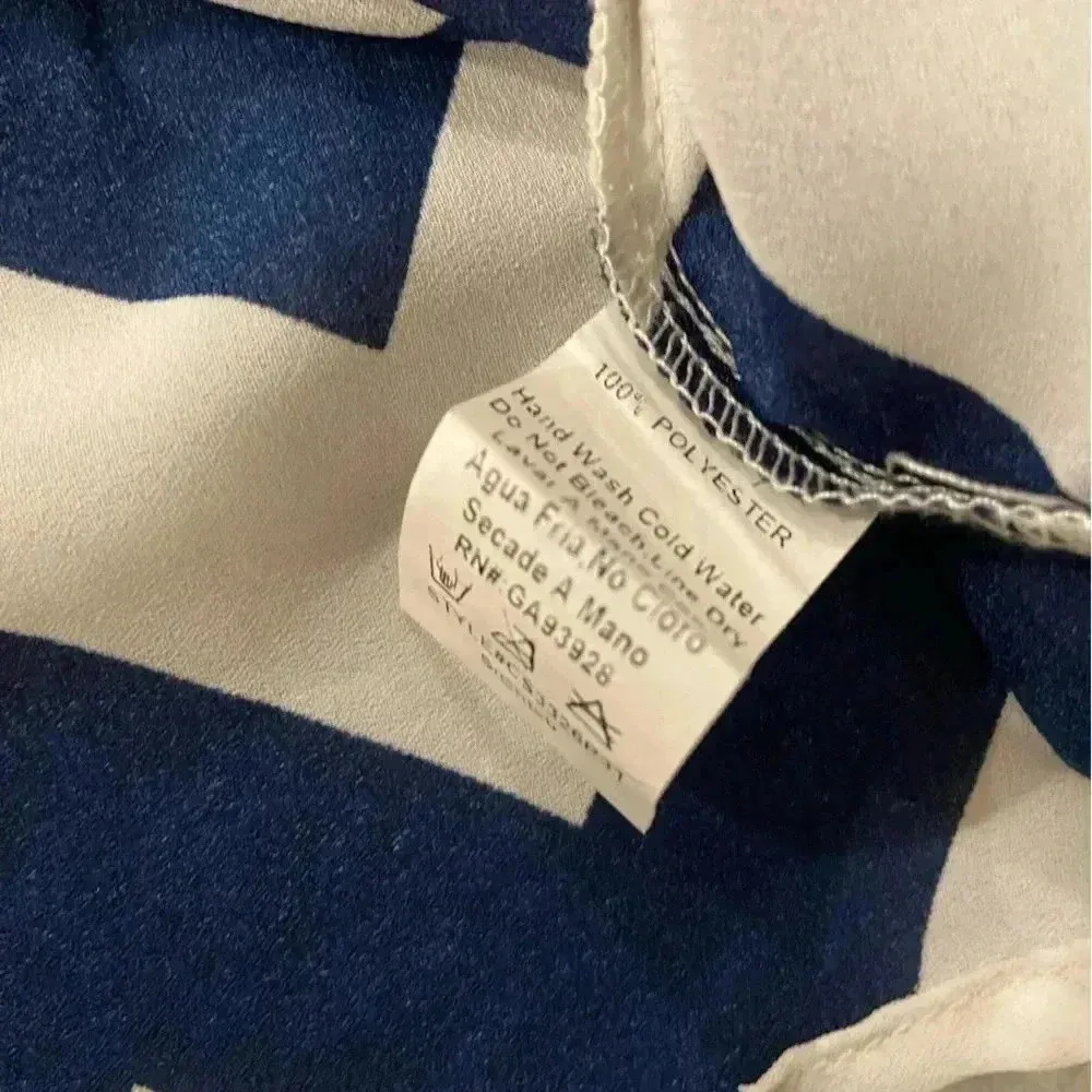 Cals Navy Blue White Chevron Stripe Sheer Collarless Size Slit Blouse Size M - Image 11