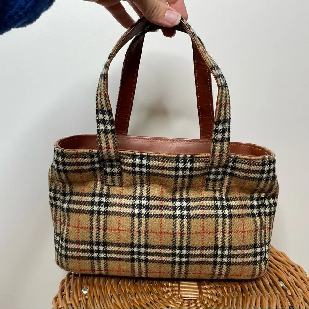 Burberry Wool Vintage Nova Check Signature Plaid Tote Shoulder Bag Purse Tan - Image 11