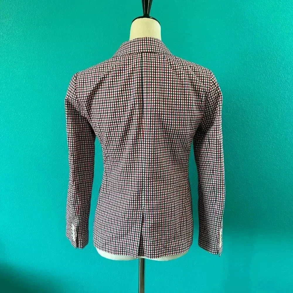 J. Crew Double Breasted Blazer Red White Blue Gingham Career Office Size 2 - Image 5