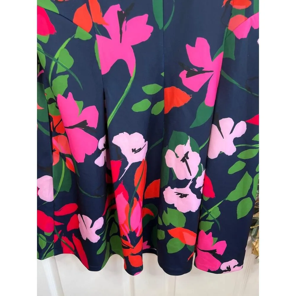Jessica Howard Navy Floral Pattern Short  Cap Sleeves Crew Neck A Line Dress 22W - Image 9