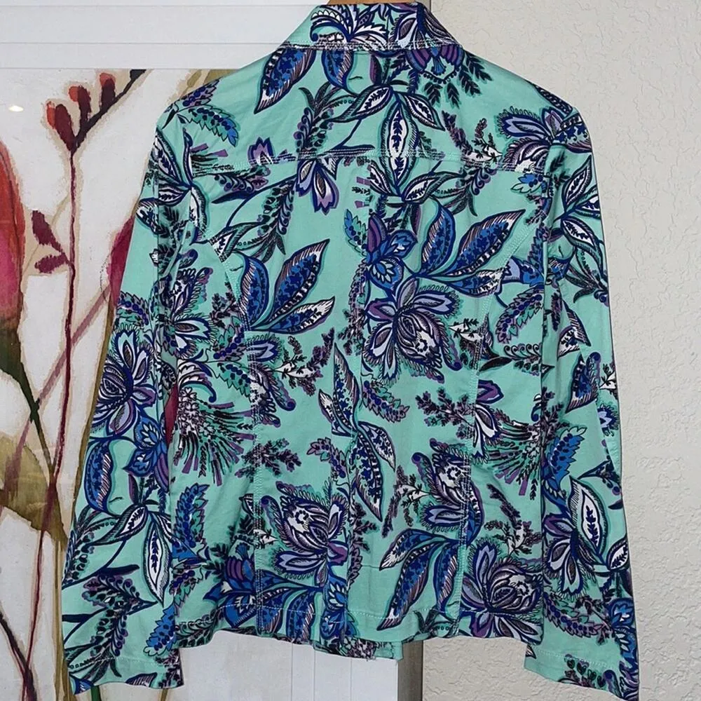 NEW Pappagallo Aqua Blue Floral Snap Front Jacket Nautical Coastal Vacation Size 10 - Image 4