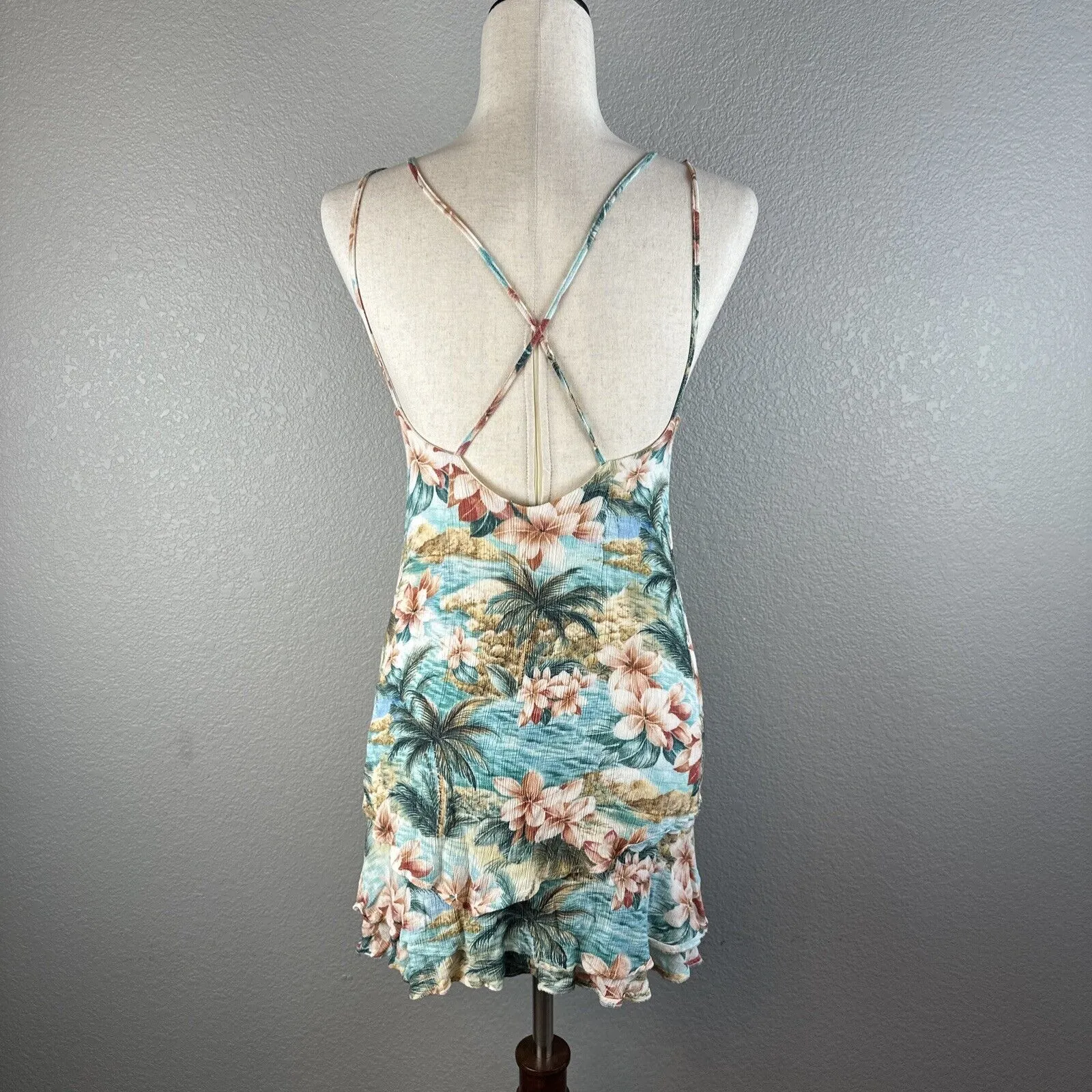 Farm Rio Mini Ruffle Sun Dress Size S Tropical Palm Print Lattice Front Strappy - Image 5