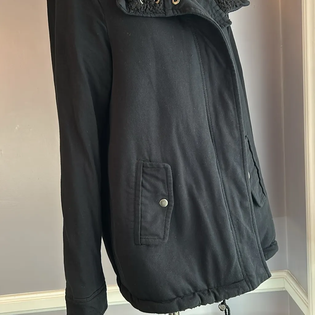 INC black jersey knit hooded jacket sherpa lined removable faux fur collar Size M - Image 8