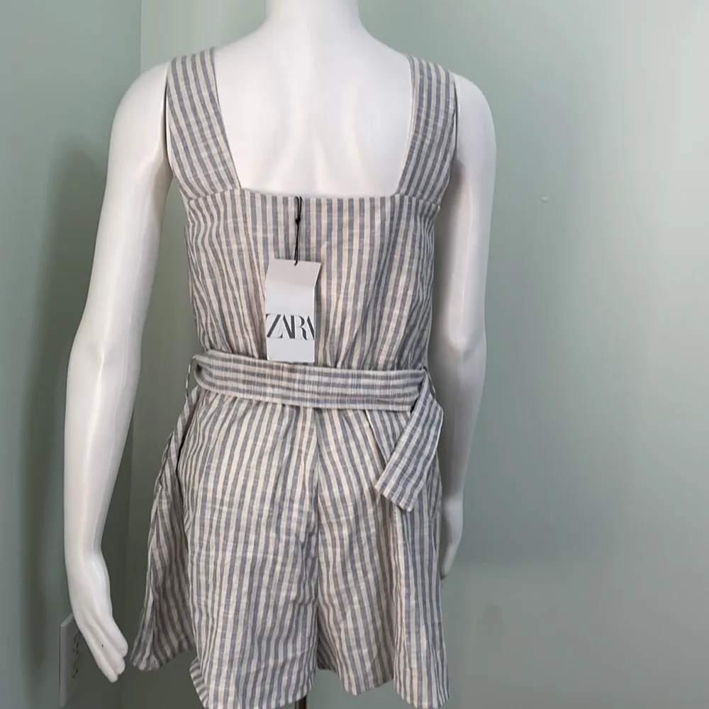 Zara linen blend white & blue striped belted romper jumpsuit NEW - Image 7
