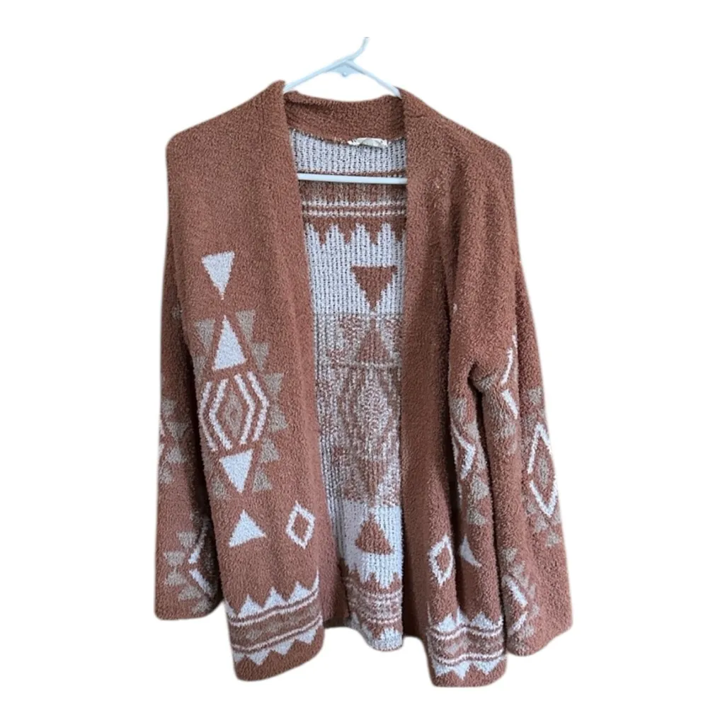 Southwest Pattern Plush Chenille Boho Open Front Cardigan Tan - Image 6