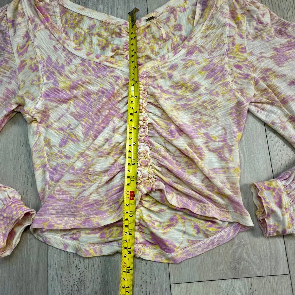 Free people fall long sleeve boho ruching crop top cotton floral neutral size xs - Image 7