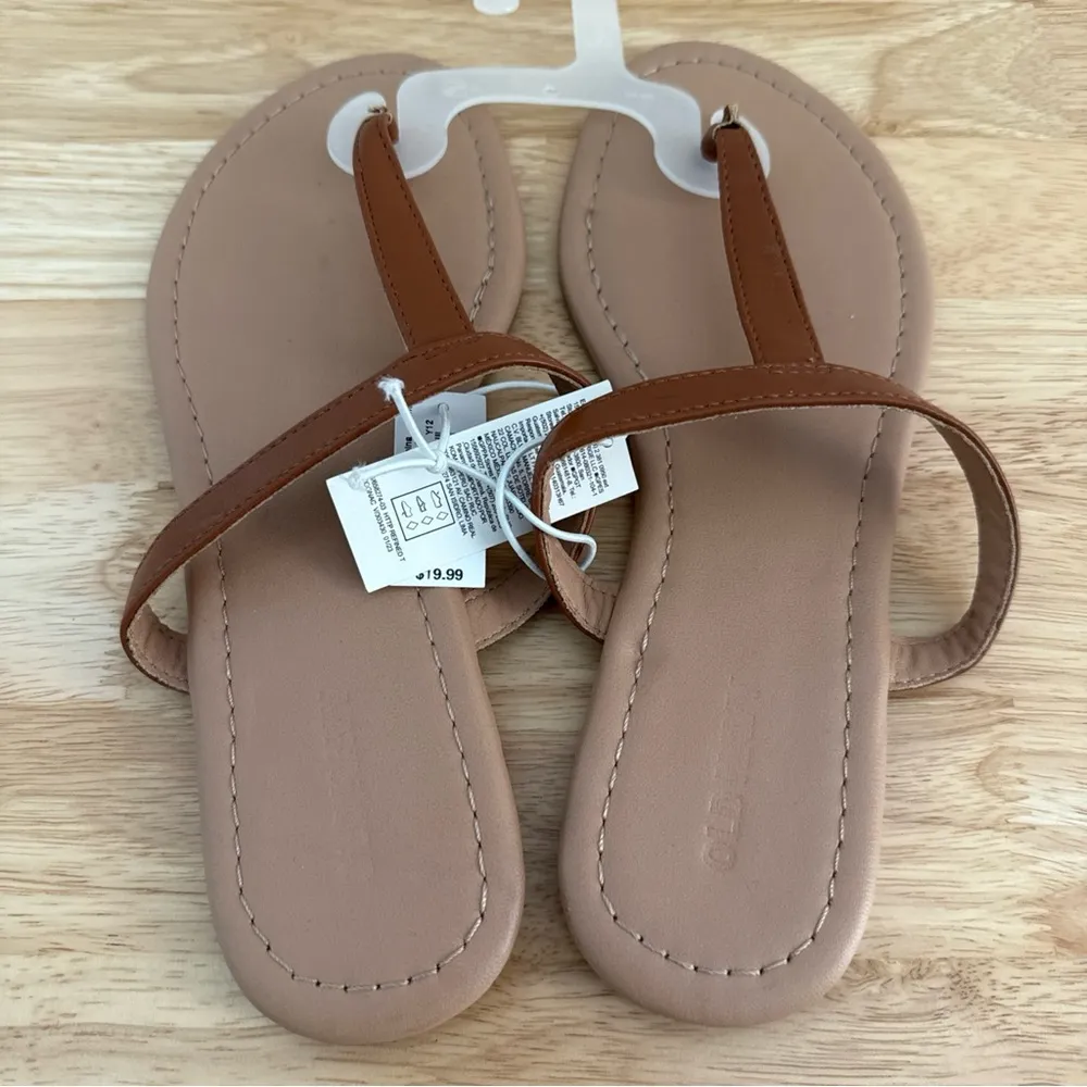 Old Navy Faux-Leather T-Strap Sandals Size 7 Women's Tan With Brown Strap NWT - Image 6
