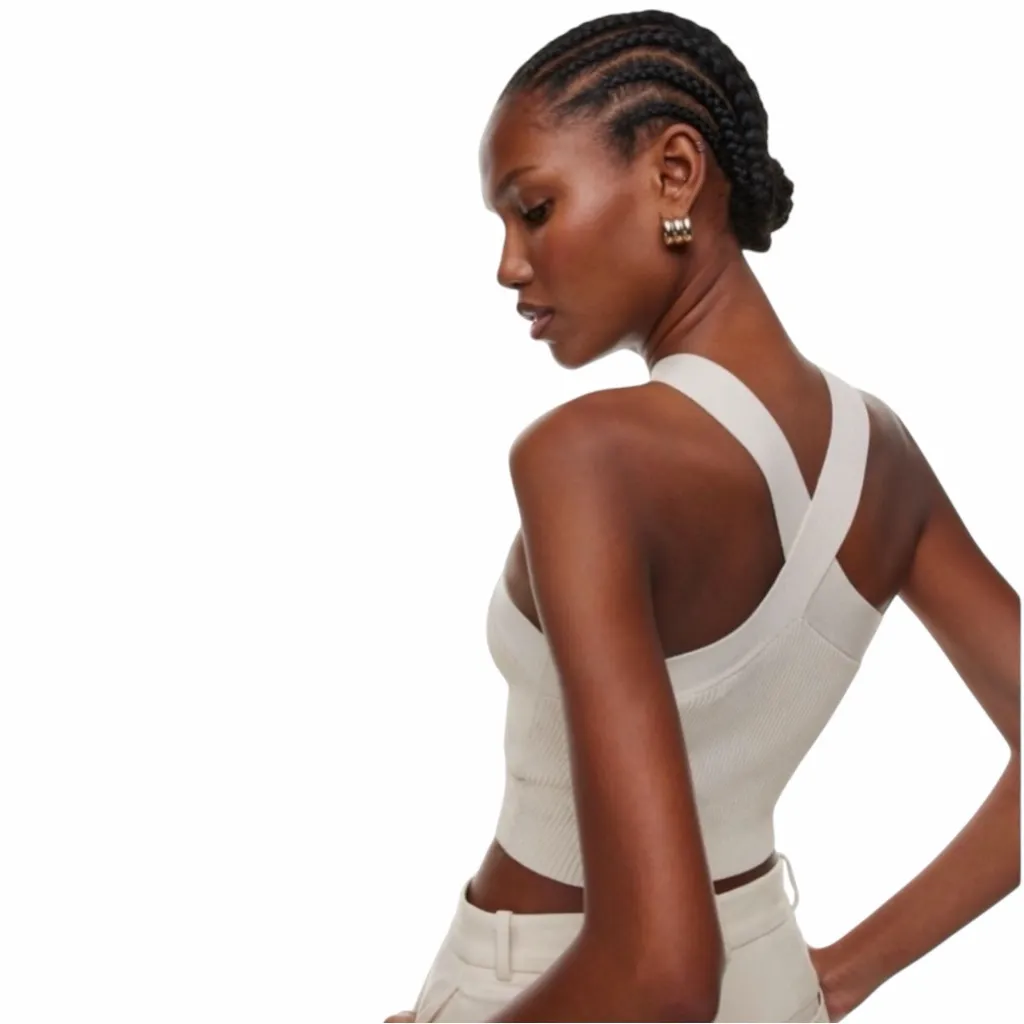 Aritzia Babaton Khaki Tan Ribbed Sculpt Knit Criss Cross Crop Top size XS - Image 3