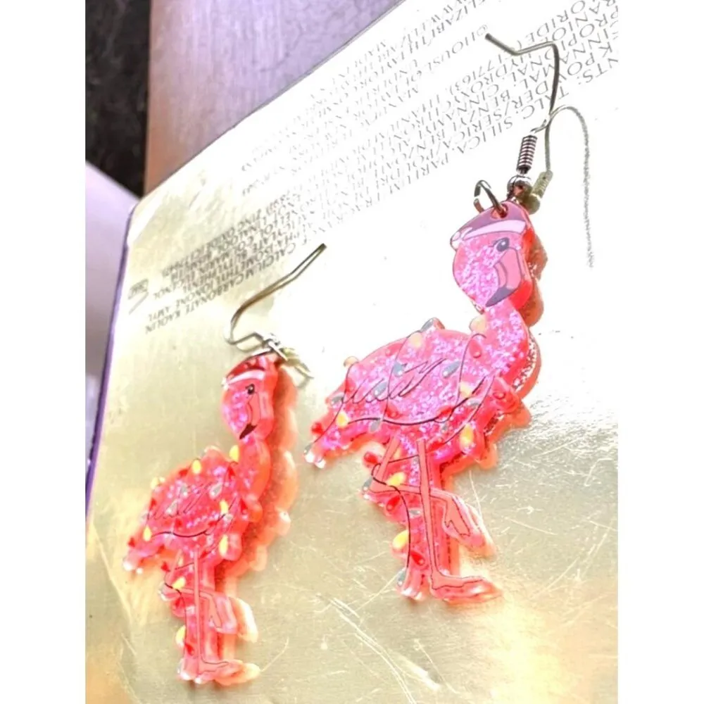 Christmas Flamingo Earrings New Santa Hat Holiday Lights Glitter Accents… Pink - Image 11