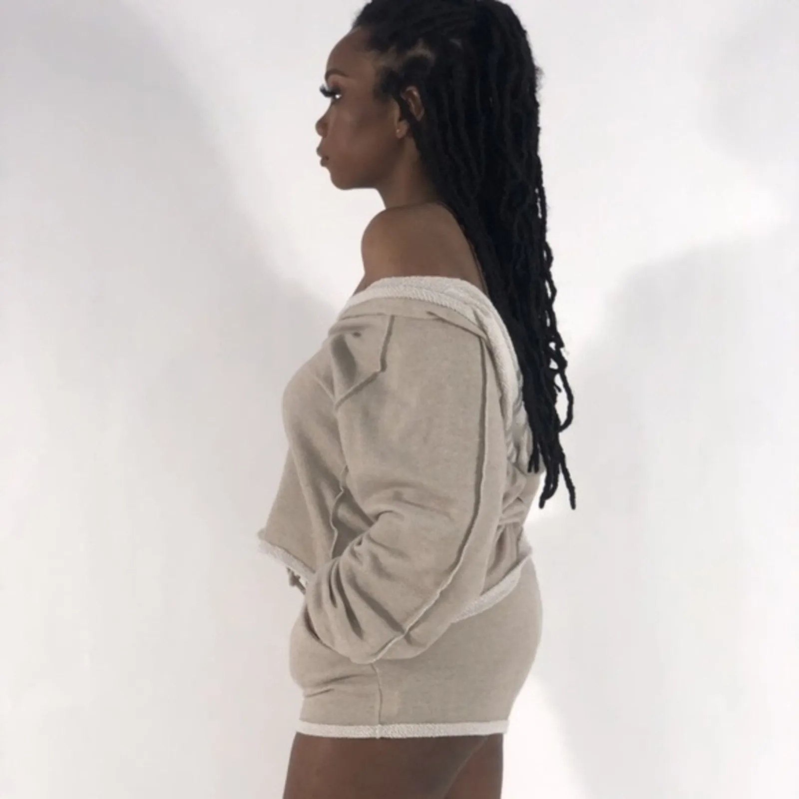 NWT Symphony Lounge Set Womens S Taupe Hoodie Shorts Two Piece Clean Girl Cozy - Image 4