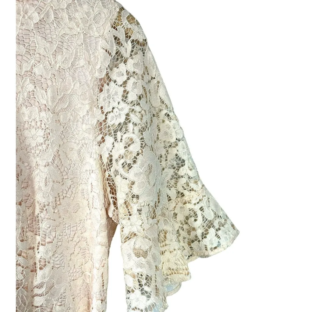 DKNY Blush Pink Lace Ruffle Dress Belted Short Sleeve Size 12 Cocktail Wedding - Image 5