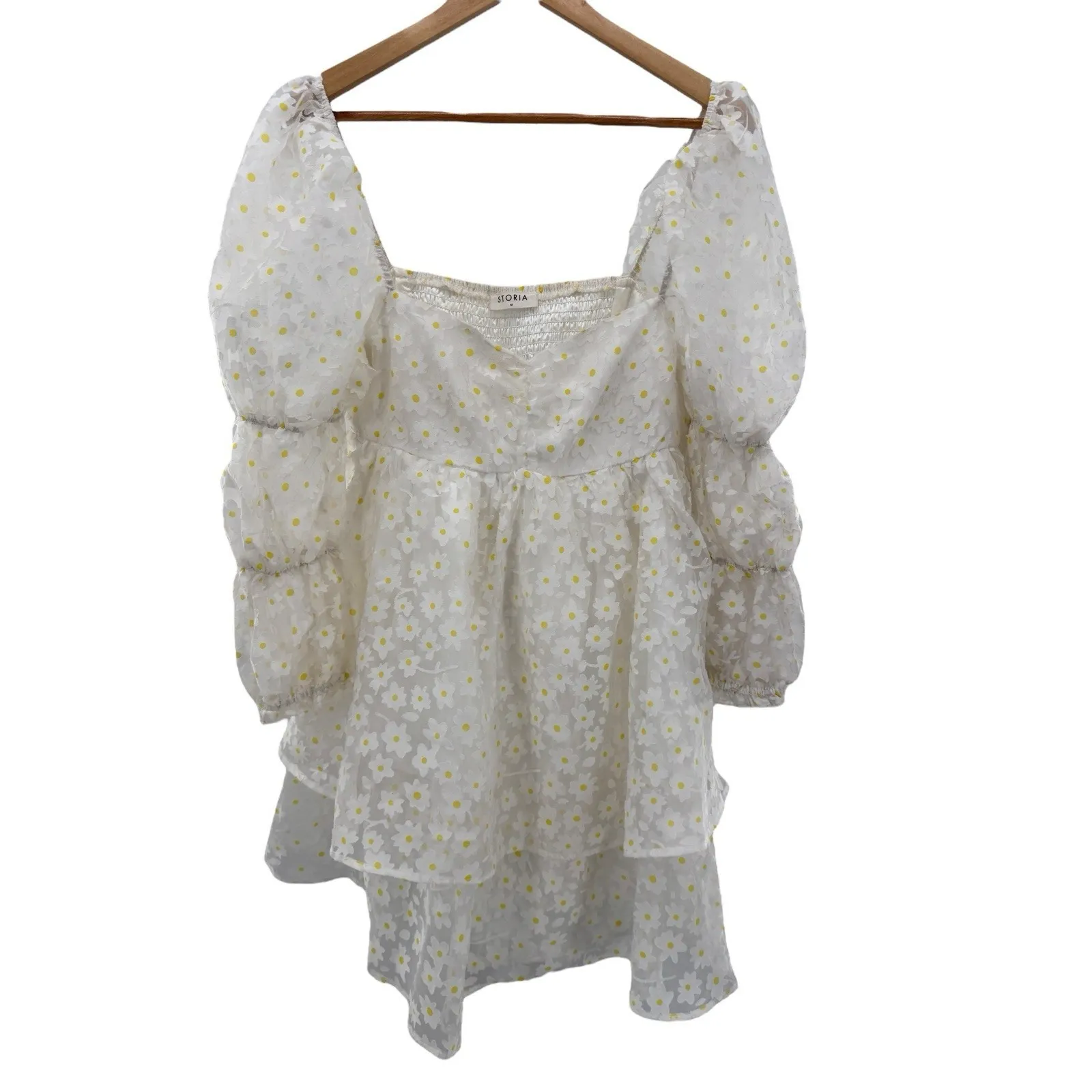 Storia Puff‎ Sleeve Daisy Mini Dress White Yellow Sheer Tiered Medium Fairy 3D - Image 4