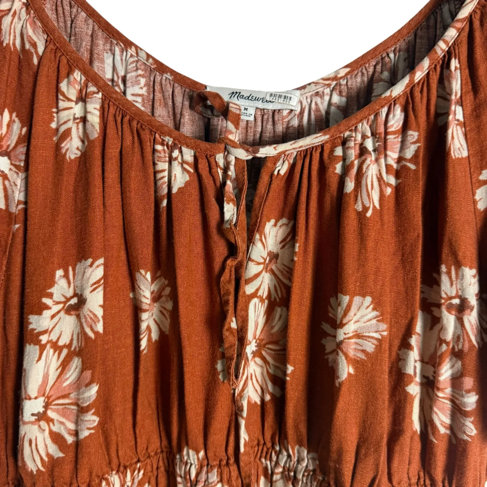 Madewell Linen Sophia Torch Rust Floral Print Smocked Puff Sleeve Short Dress M - Image 4