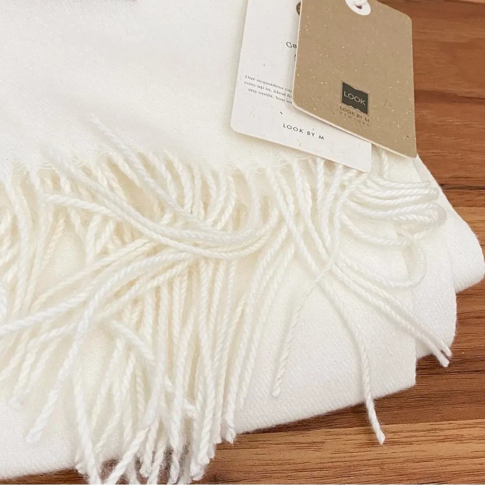 LOOK by M Cashmere Cream Soft Solid Cashmere Fringe Scarf 28”X77” - Image 6