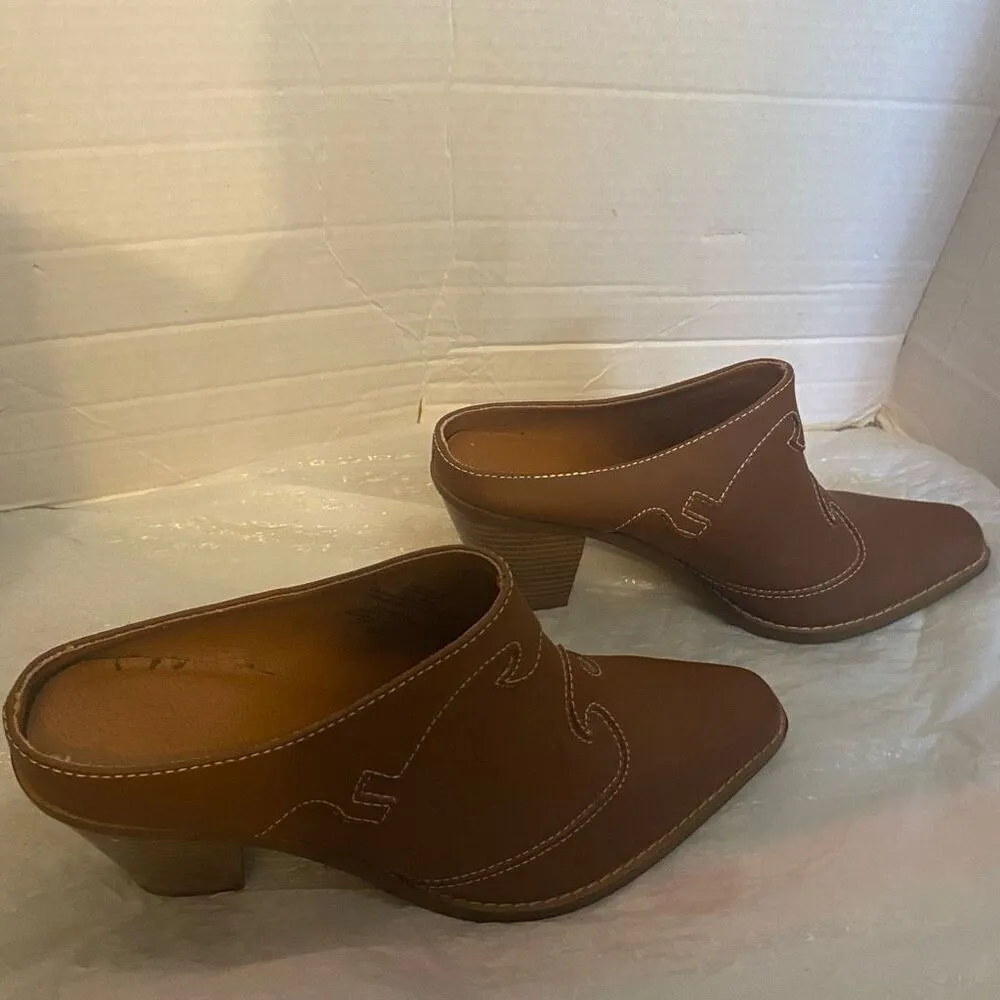 Leather Western Booties Clogs Mules 3 Inch Heels Brown Size‎ 8 Top Stitching Tan - Image 9