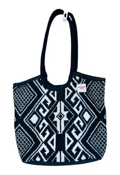 Geometric pattern black and white knit natural fabric tote shoulder Bag purse - Image 1