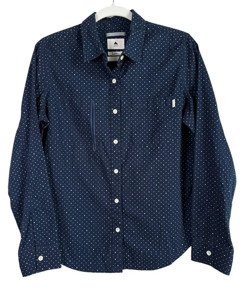 Burton Women’s Polka Dots Navy Blue White Long Sleeve Button Up Top Size Large - Image 1
