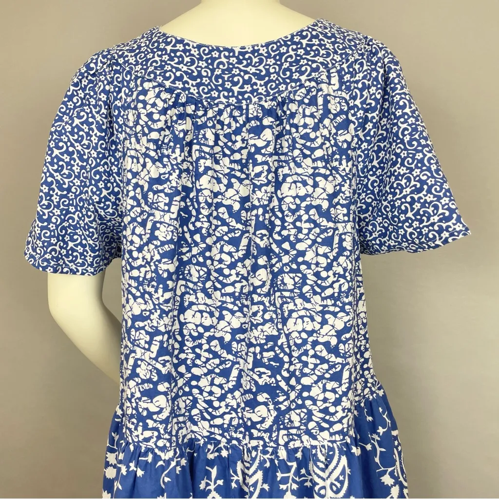 Floral Muumuu Dress Blue White Medium 14/16 Women Casual Short Sleeve Pockets‎ - Image 5