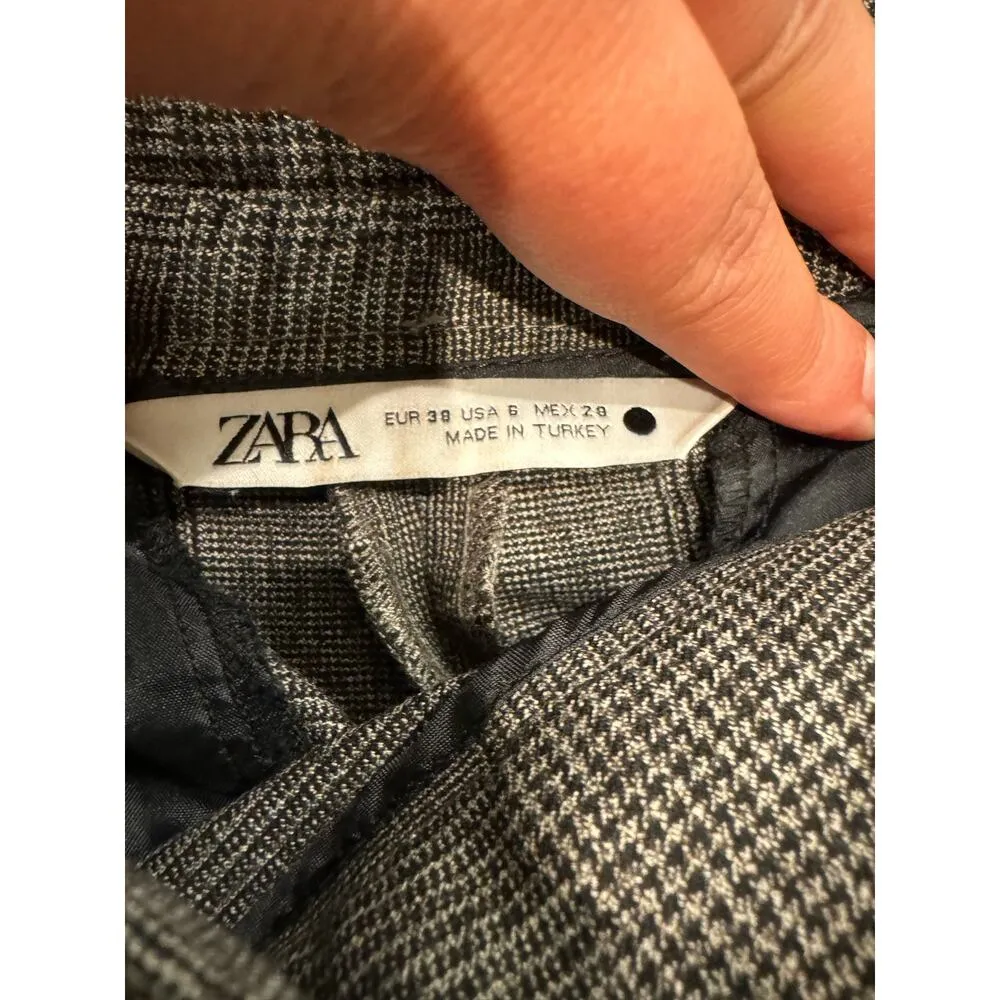 Zara Size 6 Plaid Pants Grey/Black/Brown Elastic Waist Trousers Dress Pants - Image 3
