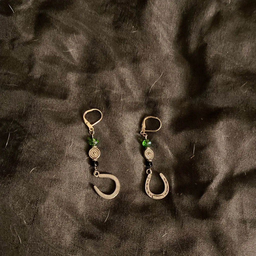 Elegant Green and Silver Horseshoe Earrings - Image 2