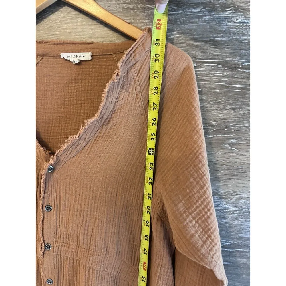 Oli Hali Shirt Size S Orange Button Up Lagenlook Knit High Low Boho Gauze - Image 5