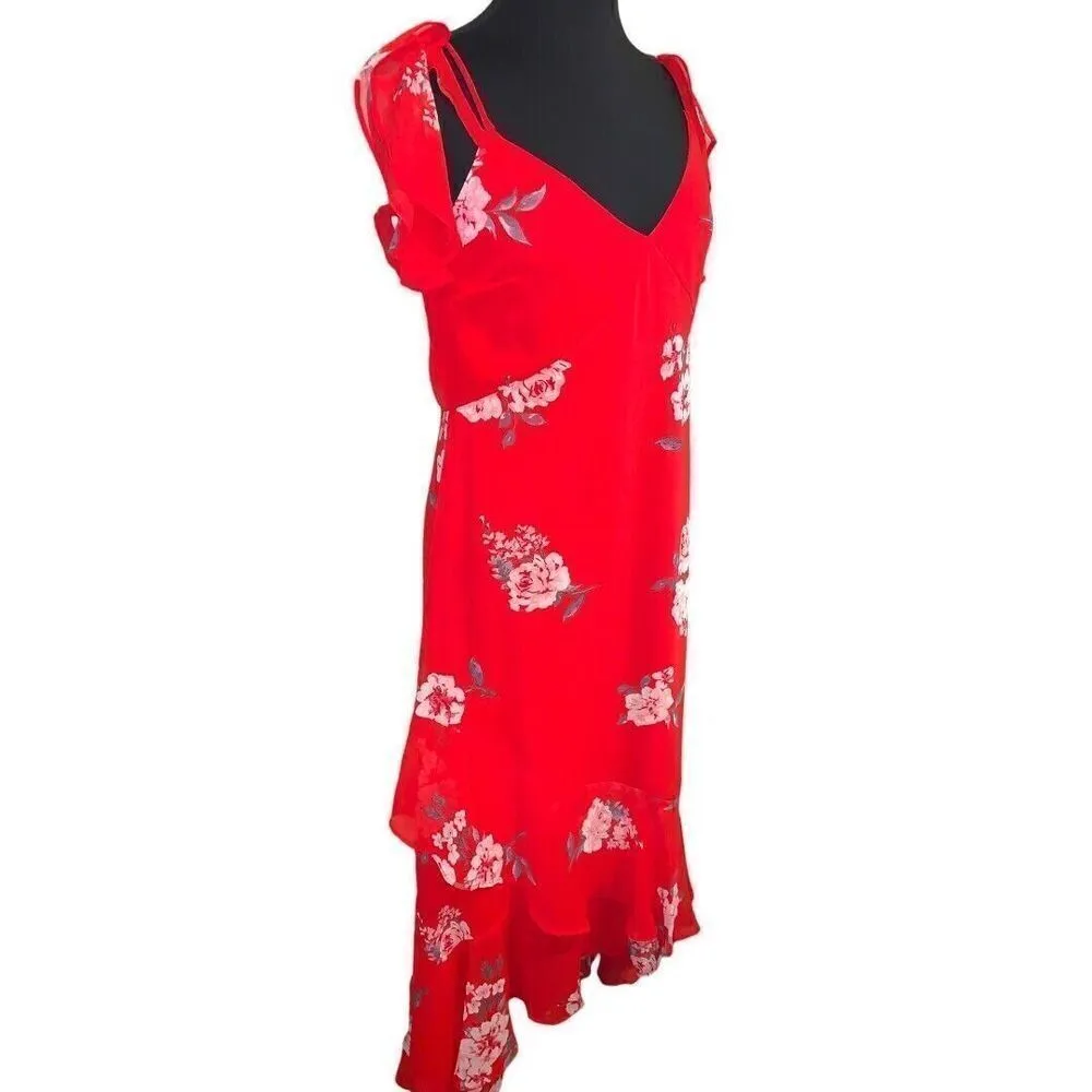 Speechless Red Floral A-Line V-Neck Short Sleeve Flutter Hem Midi Dress Size L - Image 3