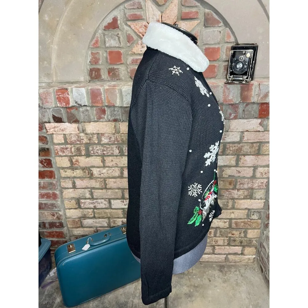 Christmas cardigan sweater snow globe embroidered beaded fuzzy collar Black Size M - Image 9