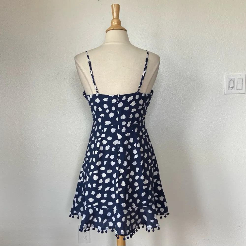 Navy Blue & White Pom Pom Trim V-Neck Sleeveless Dress - Image 9