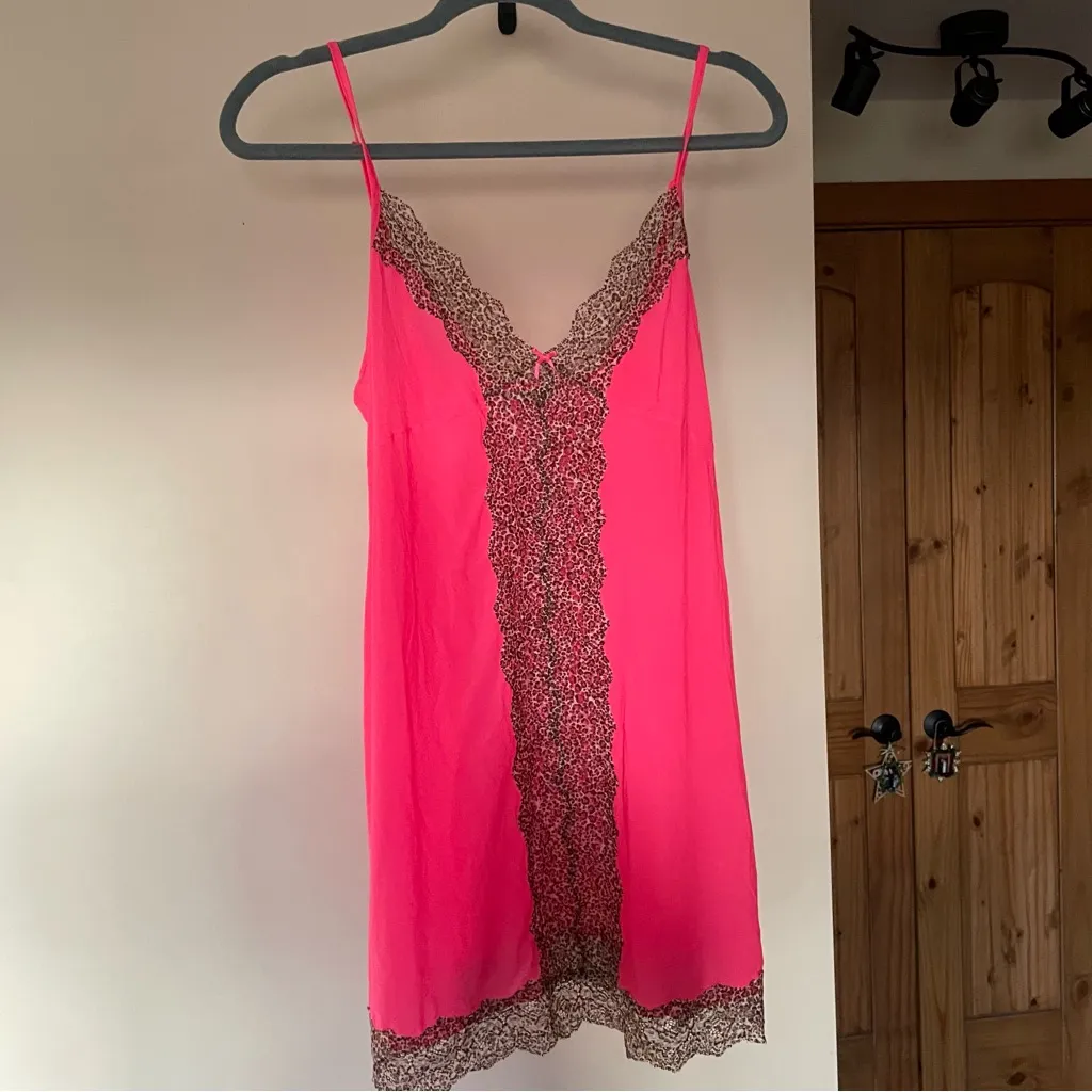 Victoria’s Secret Hot Pink Mesh Leopard Lace Slip Dress Large - Image 3