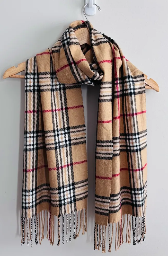 Plaid Super Soft Scarfs Luxurious Cashmere Feel Winter Scarf For Mens Womens Tan - Image 1