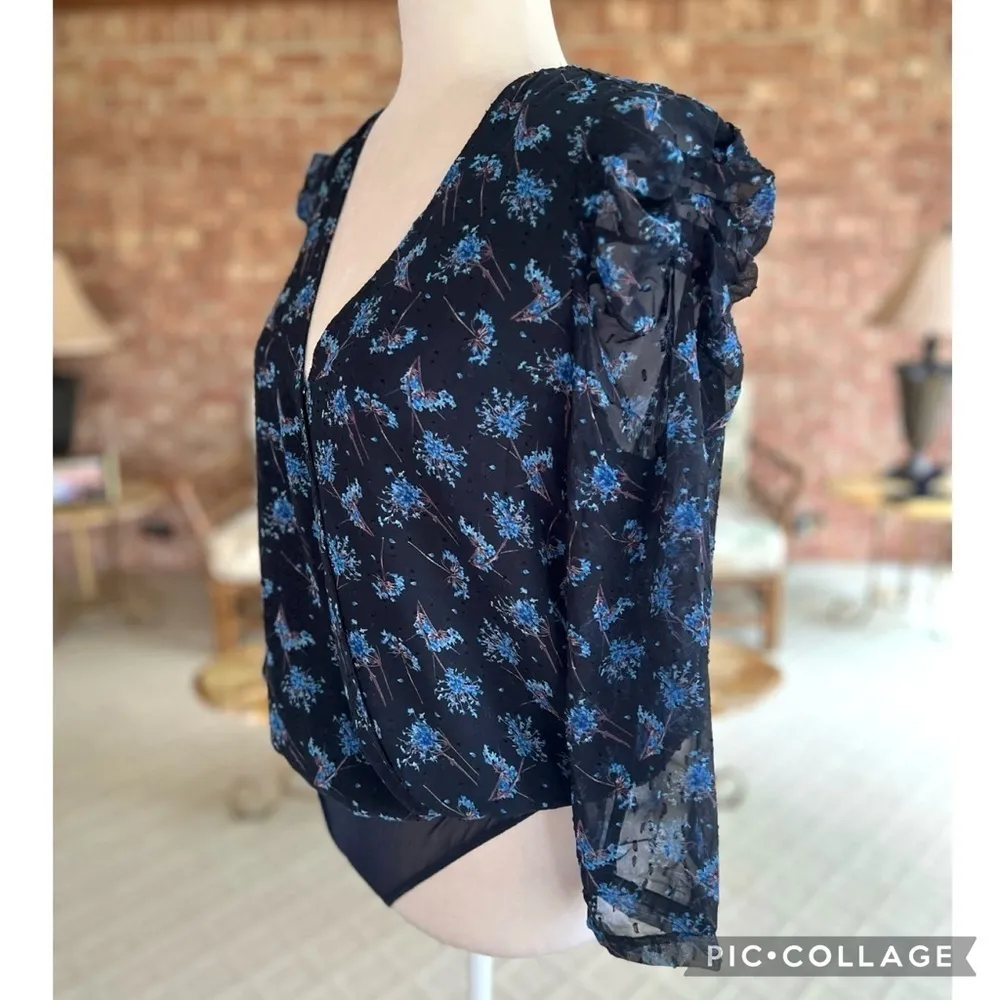 Lush Bodysuit Floral Swiss Dot Sheer Back Blue Puff Sleeve NWT M Party Cocktail - Image 8