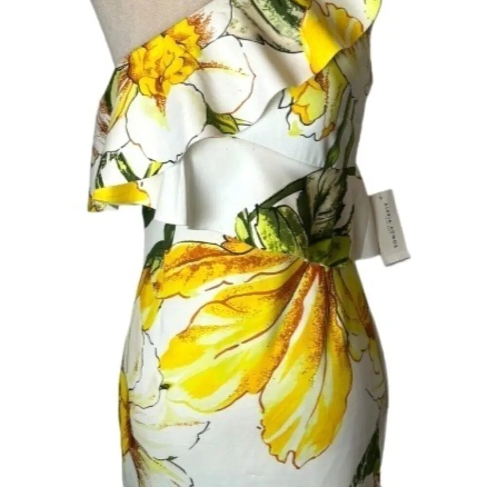 Alexia Admor Dress Women 2 Yellow White Floral One Shoulder Ruffle‎ Sheath Mini - Image 2