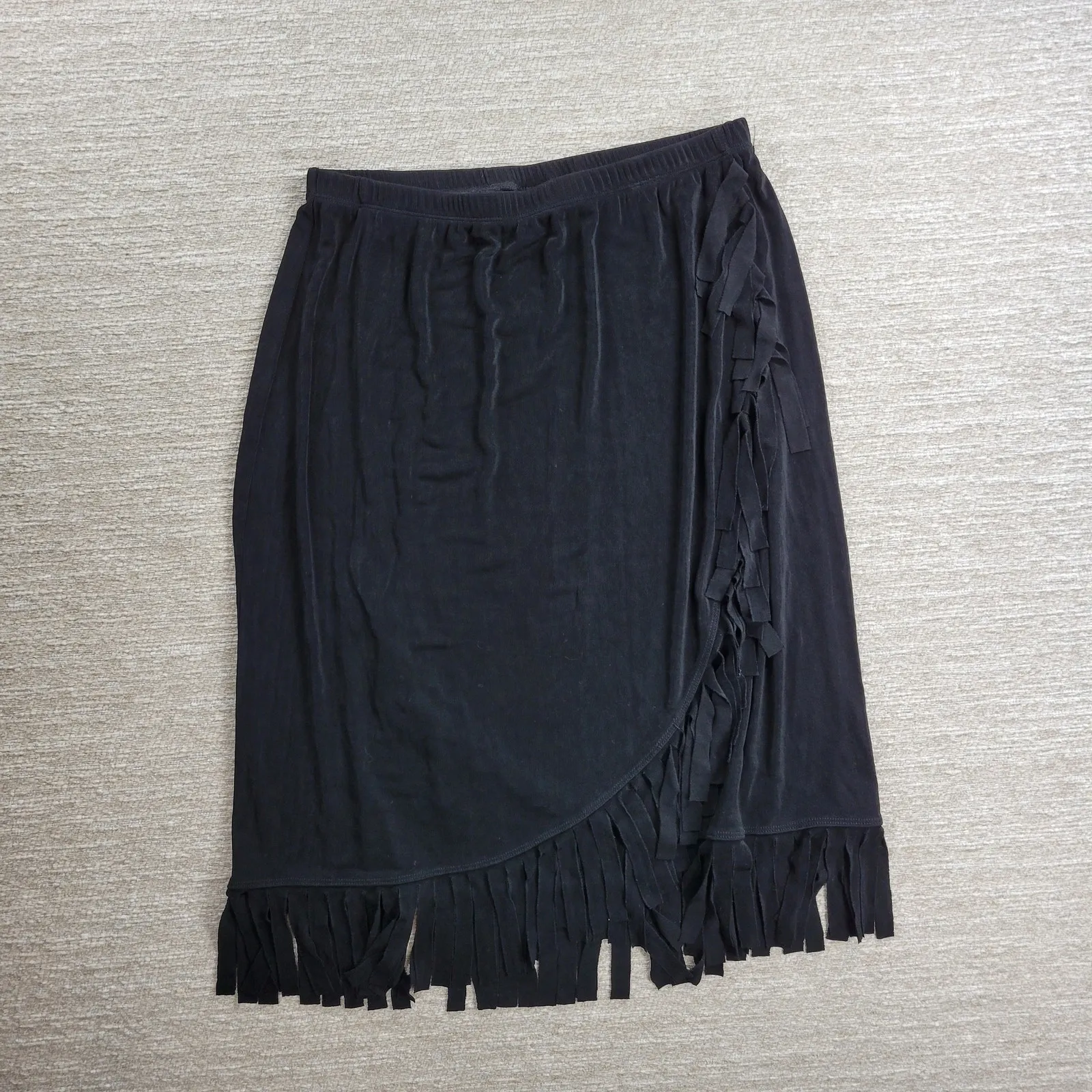 Chicos Travelers Fringe Skirt Womens XL Black Ribbed Faux Wrap Slinky Rodeo - Image 5