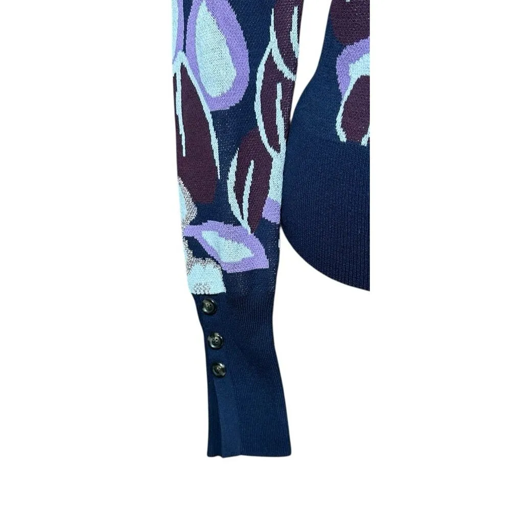 NEW Ann Taylor Dark Floral Sweater Button Detail on Sleeves Blue Purple Size XS - Image 3