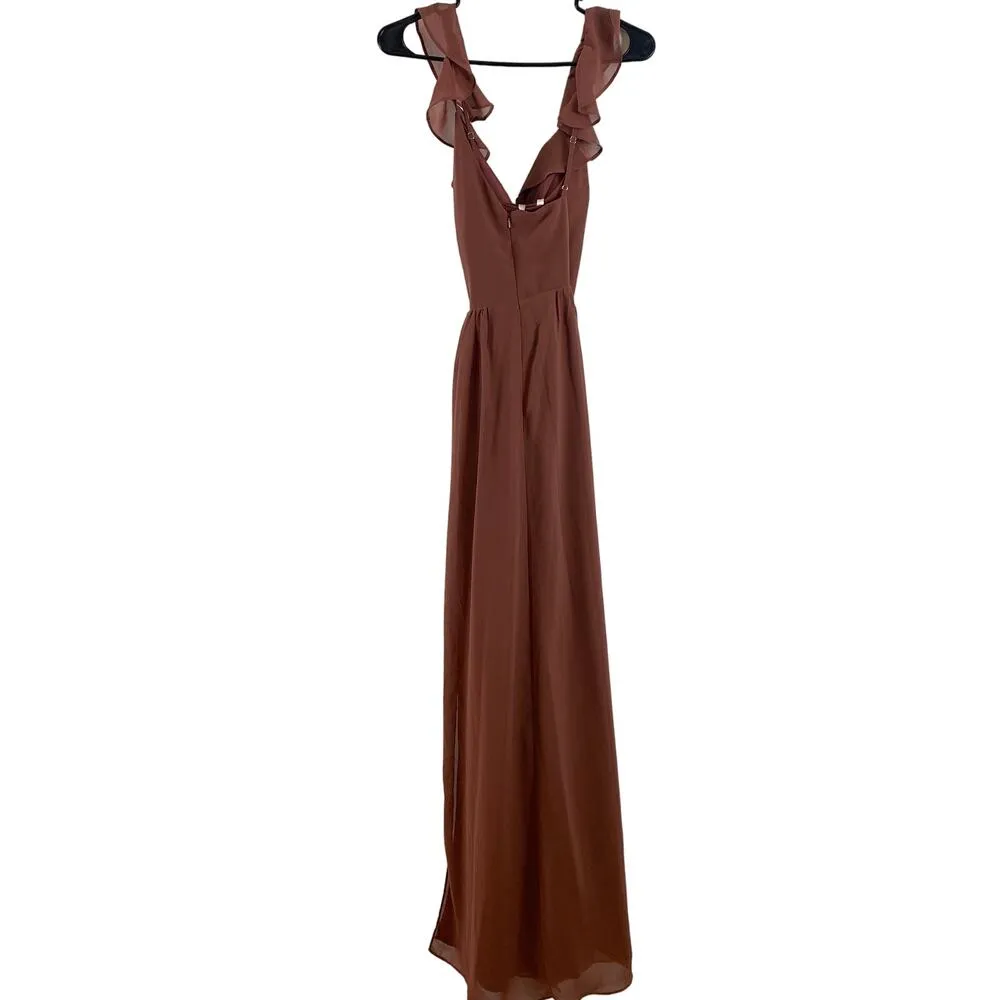 NWT Revelry Valerie Chiffon Faux Wrap Ruffle Maxi Gown Dress Cinnamon Rose 2 Brown - Image 6