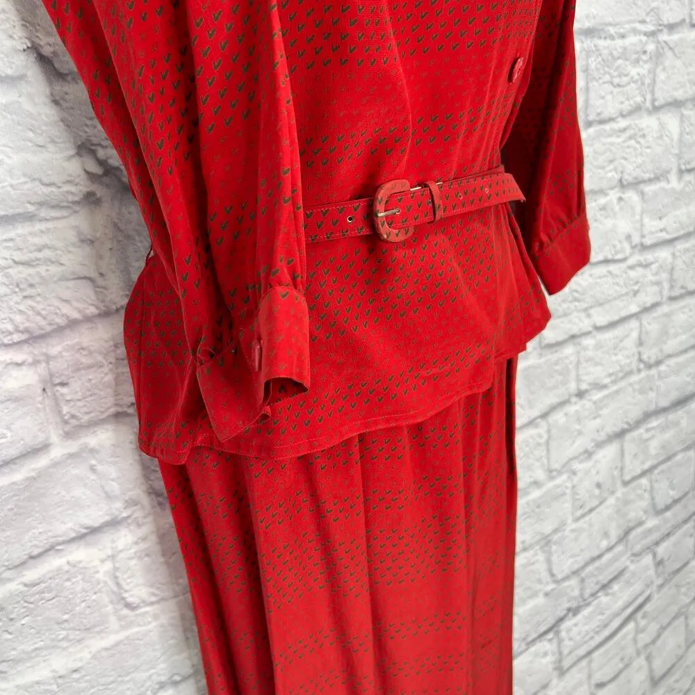 Vintage Maggie London Jeannene Booher Red Silk 2 Piece Set Size 10 Skirt Belt - Image 6