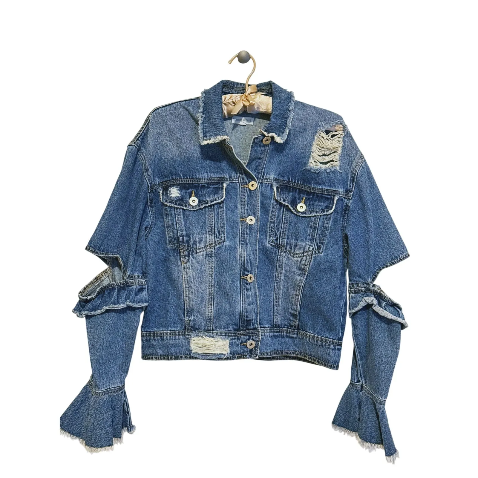 Y2K Cropped Flare Sleeves Distressed Denim Jacket Large Indie Sleaze 90s Revival - Image 2