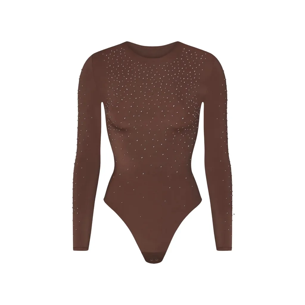 SKIMS x Swarovski Jelly Sheer Crystal Long Sleeve Crewneck Bodysuit XS Cocoa NEW - Image 2