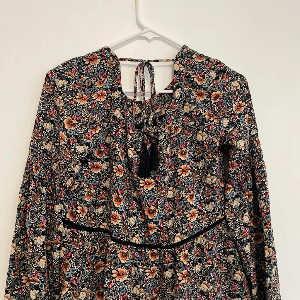 KNOX ROSE Smocked Floral Tie Back Top Black Etc Boho Long Sleeve Peasant Blouse - Image 14