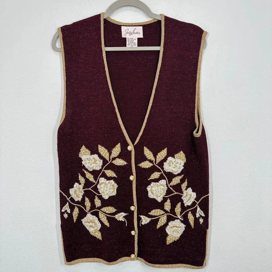 Vintage Jaclyn Smith Burgundy Metallic Floral Button Vest Size Medium Festive - Image 2