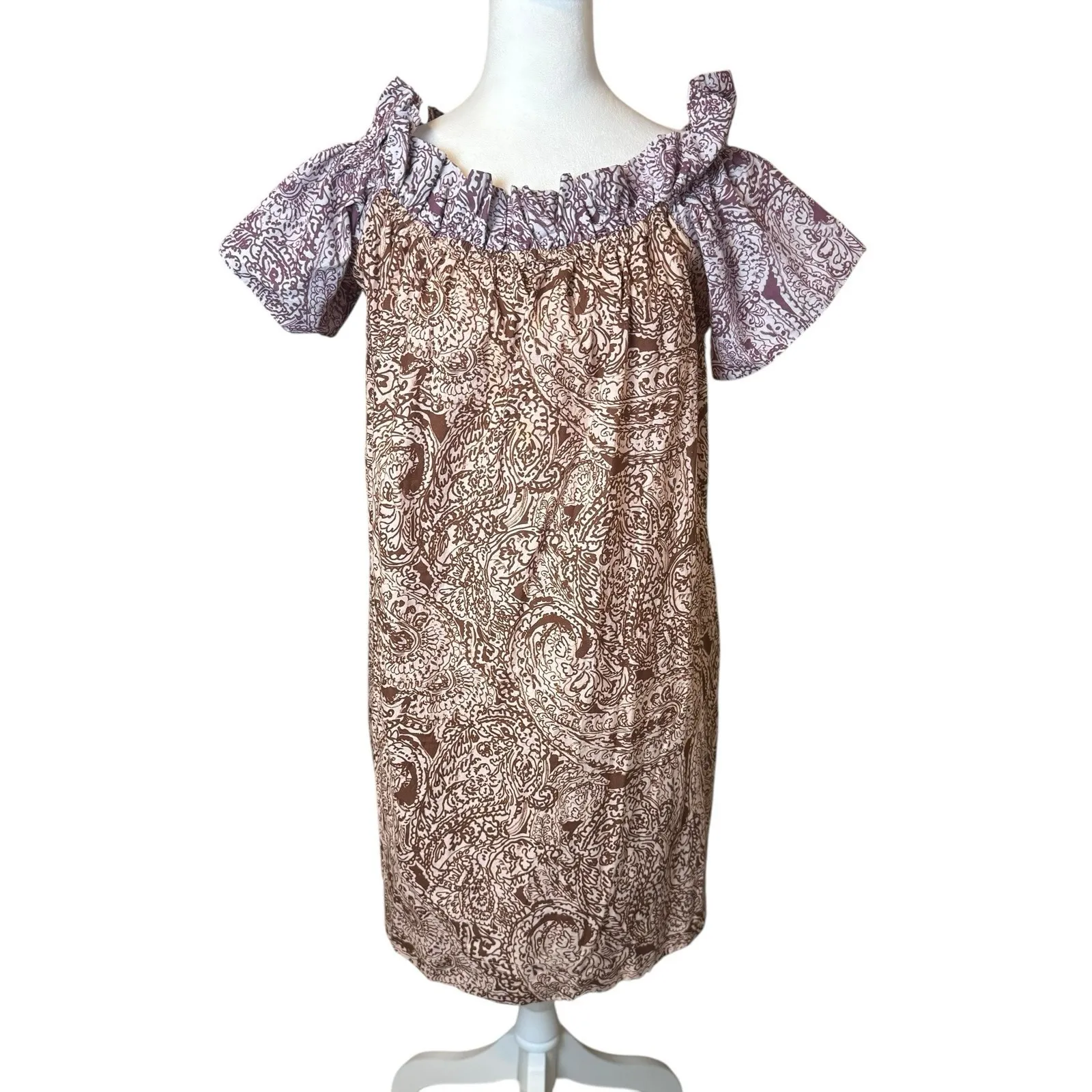 Free People Sophie Paisley Cotton Mini Dress XL Brown Purple Boho Chic Festival - Image 7
